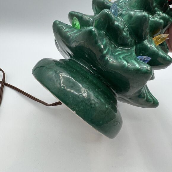 Vintage Green Ceramic Christmas Tree Lighted 10" One Piece Base Kitsch 70s - Picture 11 of 12